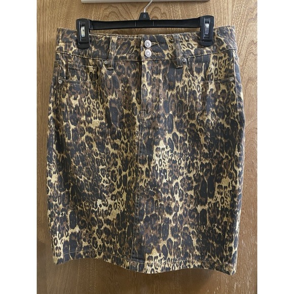 Hydraulic Womens Brown Leopard Denim Nolita Mid Rise Curvy Mini Skirt 8 Stretch - Picture 1 of 11